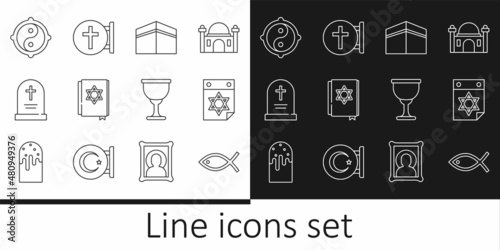 Set line Christian fish, Jewish calendar, Kaaba mosque, torah book, Tombstone with cross, Yin Yang, Holy grail chalice and icon. Vector