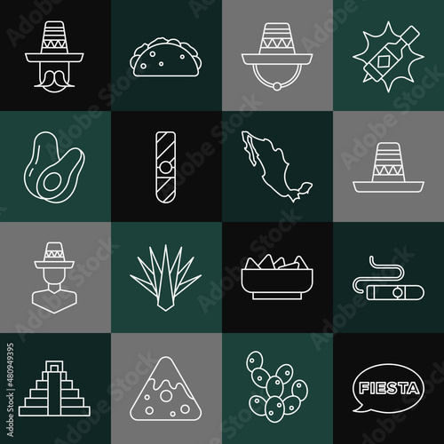 Set line Fiesta, Cigar, Mexican sombrero, Avocado fruit, man and Map of mexican icon. Vector