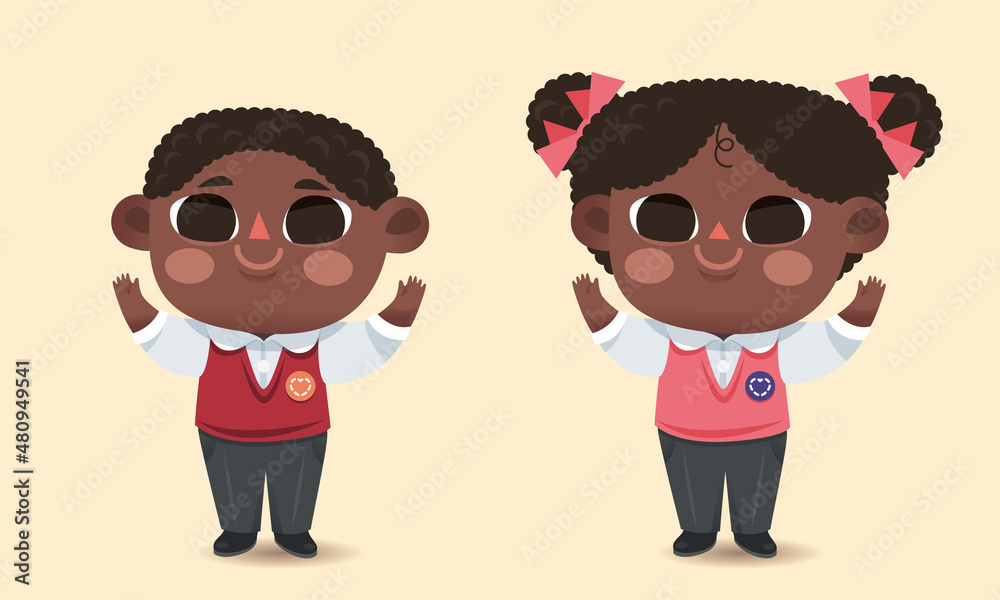 Deux enfants habillés de l'uniforme de leur école, type Africain, projet éducatif et apprentissage des jeunes, les écoliers sourient et lèvent les bras, illustration vectorielle