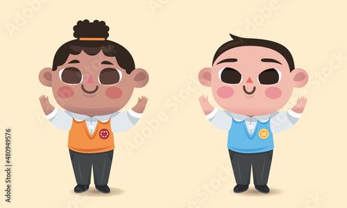 Jeunes enfants habillés de l'uniforme de leur école, les élèves lèvent les bras en l'air, ils sont heureux et sourient, illustration vectorielle, mignon et positif