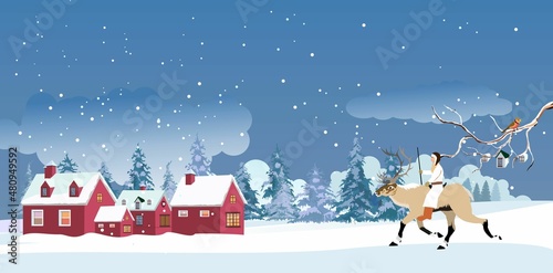 Winter landscape, lapland man on deer riding, snowy hills, snow falls   winter forest, clouds and sky vector