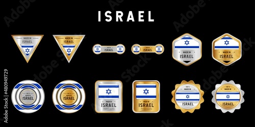 Made in Israel Label, Stamp, Badge, or Logo. With The National Flag of Israel. On platinum, gold, and silver colors. Premium and Luxury Emblem