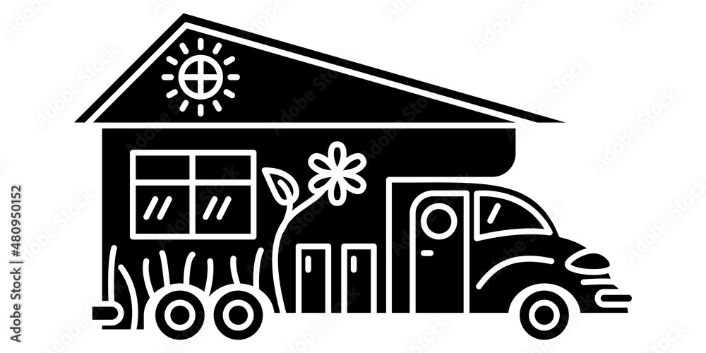 Fototapeta premium Motorhome, recreational vehicle, camping trailer, family camper. Motorhome with an imitation of a house. Design with flowers and sun. Vector icon, glyph, silhouette, isolated