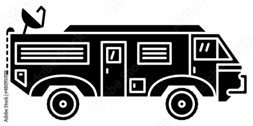 Motorhome, recreational vehicle, camping trailer, family camper. Satellite dish on the roof. Vector icon, glyph, silhouette, isolated