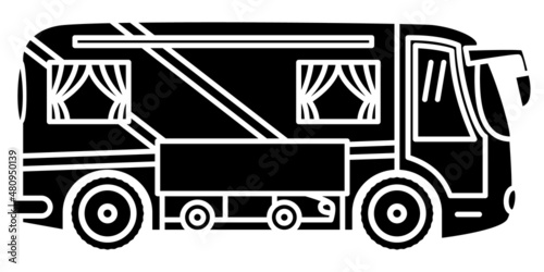 Motorhome, recreational vehicle, camping trailer, family camper. A big bus with a car inside. Vector icon, glyph, silhouette, isolated