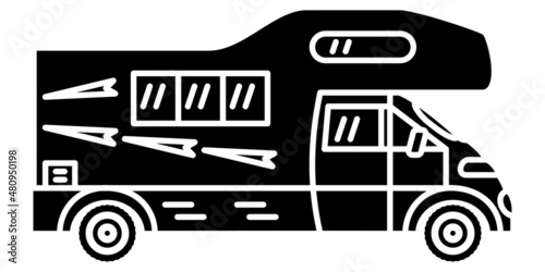 Motorhome, recreational vehicle, camping trailer, family camper. Design with a sleeping place and a roof rack. Vector icon, glyph, silhouette, isolated