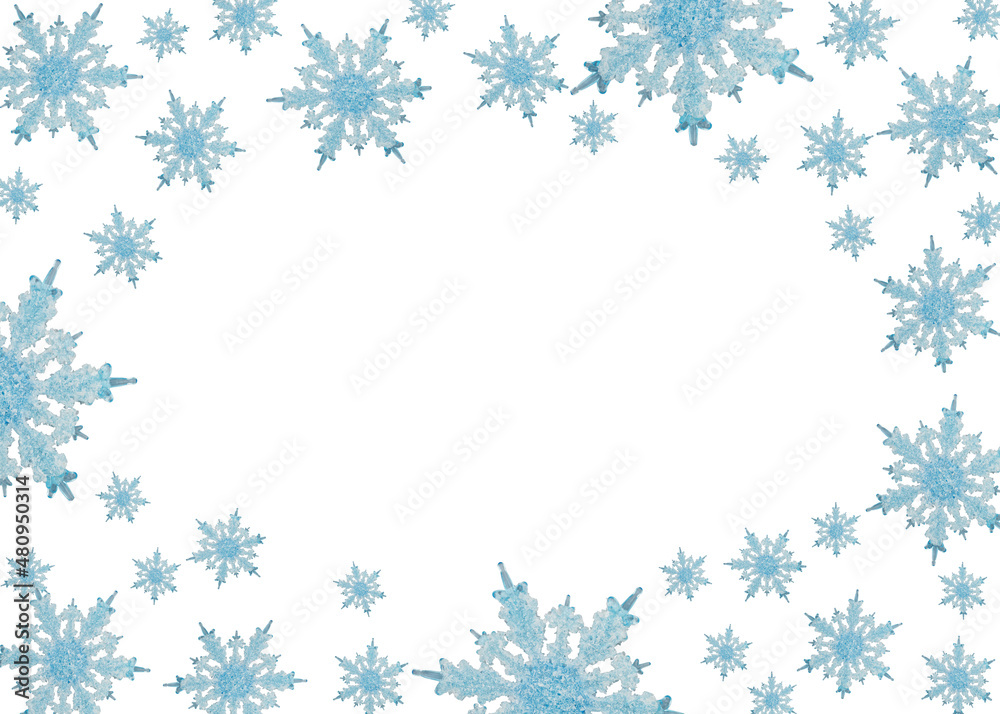 Winter border with blue snowflake isolated on white with copy space for your winter or snowing message Winter border with blue snowflake isolated on white with copy space for your winter or snowing message