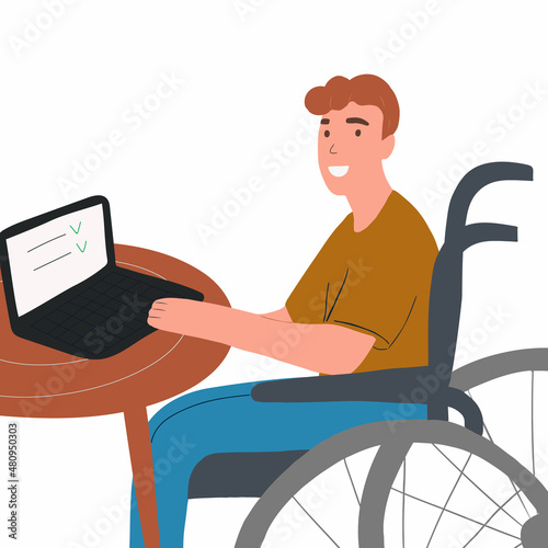 A disabled man in a wheelchair works in the office. The concept of inclusion and diversity in society. Vector illustration