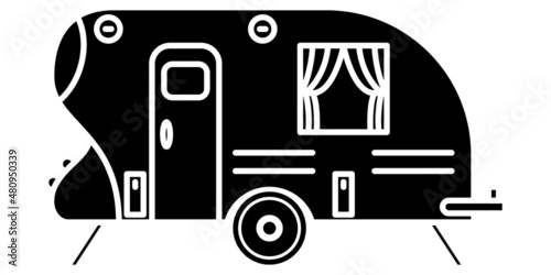 Motorhome, recreational vehicle, camping trailer, family camper. Unique fashionable design of a residential trailer. Vector icon, glyph, silhouette, isolated