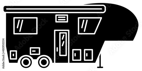 Motorhome, recreational vehicle, camping trailer, family camper. Large van, roomy design, trailer for many people. Vector icon, glyph, silhouette, isolated