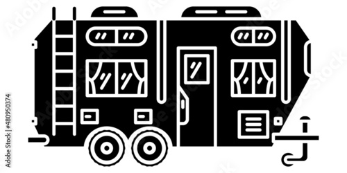 Motorhome, recreational vehicle, camping trailer, family camper. A roomy trailer with a ladder on the side, a sunroof. Vector icon, glyph, silhouette, isolated