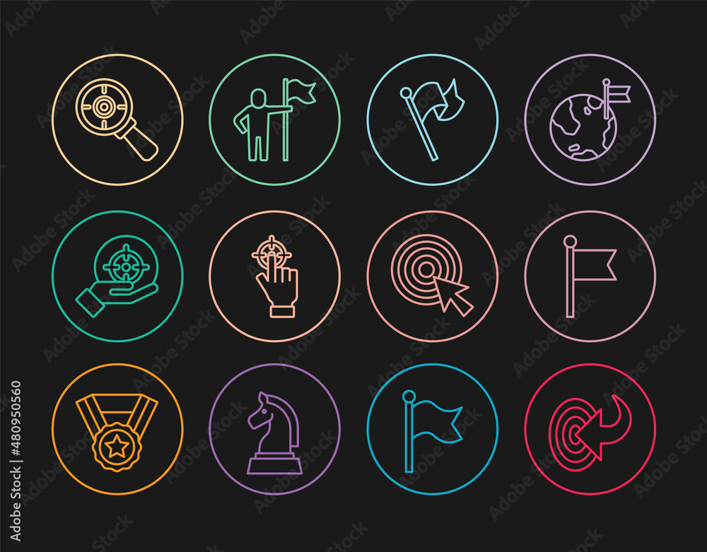 Set line Target, Flag, with magnifying glass, arrow and Man holding flag icon. Vector Set line Target, Flag, with magnifying glass, arrow and Man holding flag icon. Vector