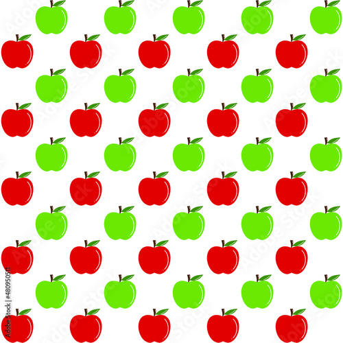 Seamless pattern cute flat glossy red and green apple with leaf vector isolated on white background. 