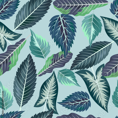 Seamless pattern with tropical beautiful leaves exotic background.