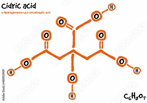 Large and detailed isolated drawn molecule and formular of cidric acid.