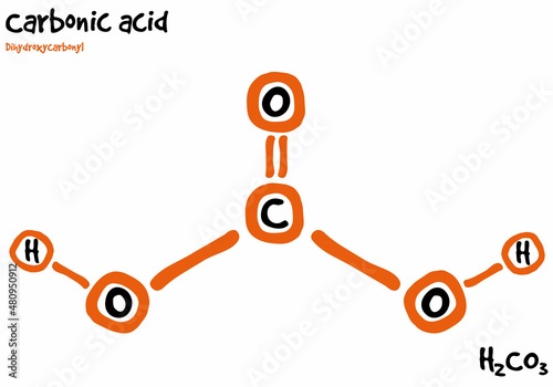 Large and detailed isolated drawn molecule and formular of carbonic acid.