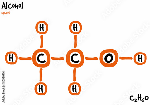 Large and detailed isolated drawn molecule and formular of alcohol.