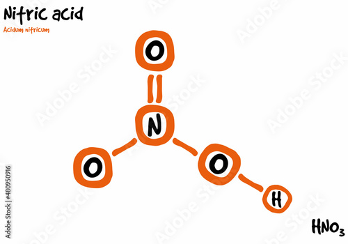 Large and detailed isolated drawn molecule and formular of nitric acid.