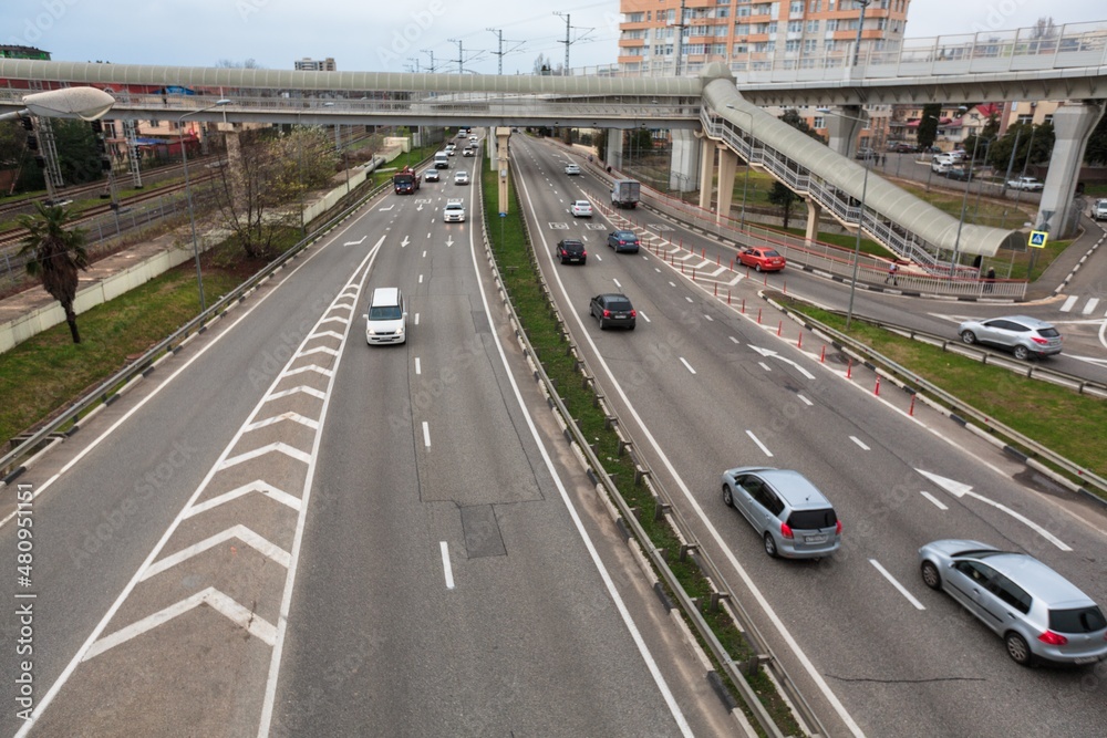 City transport X sign junction road aerial view with car movement, Transport industry City transport X sign junction road aerial view with car movement, Transport industry