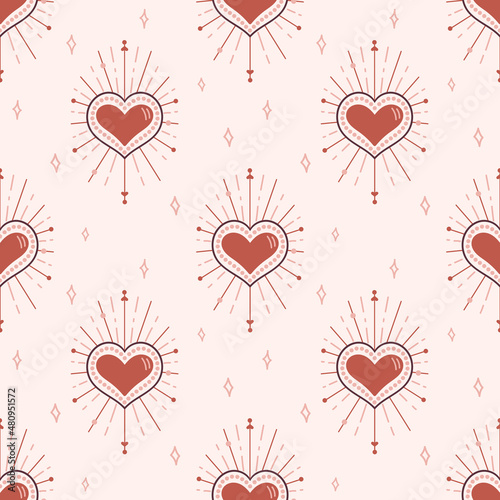 Seamless Valentine's Day pattern. Hearts, romance, love. Boho style.