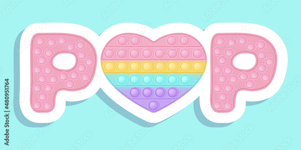 Sign of POP love and heart icon symbol of Valentines Day in the style of pop it fashionable silicon fidget toys. The figure of hearts is pink in color. Vector banner on blue. - obrazy, fototapety, plakaty 
