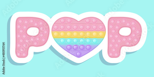Sign of POP love and heart icon symbol of Valentines Day in the style of pop it fashionable silicon fidget toys. The figure of hearts is pink in color. Vector banner on blue.