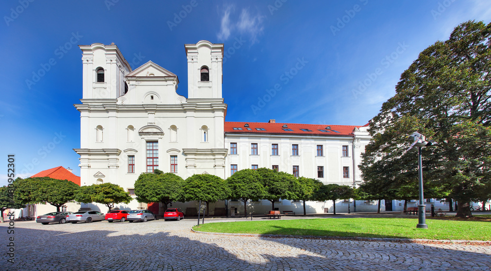 Jesuit church in Skalica, Slovak republic. Religious architecture. Place of worship. Cultural heritage. Architectural scene.
