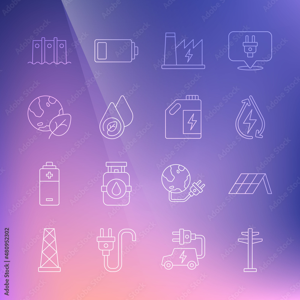 Set line Electric tower, Solar energy panel, Water, Nuclear power plant, Earth globe and leaf, Hydroelectric dam and Eco fuel canister icon. Vector Set line Electric tower, Solar energy panel, Water, Nuclear power plant, Earth globe and leaf, Hydroelectric dam and Eco fuel canister icon. Vector