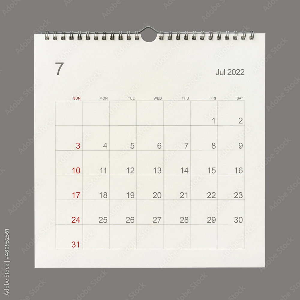 July 2022 calendar page on white background. Calendar background for reminder, business planning, appointment meeting and event. July 2022 calendar page on white background. Calendar background for reminder, business planning, appointment meeting and event.