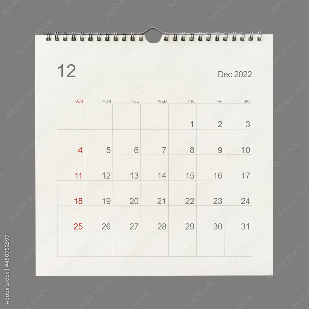 December 2022 calendar page on white background. Calendar background for reminder, business planning, appointment meeting and event. December 2022 calendar page on white background. Calendar background for reminder, business planning, appointment meeting and event.