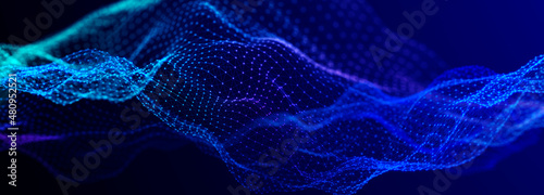 Futuristic dots pattern on dark background. Colored music wave. Big data. Technology or Science Banner. 3D rendering