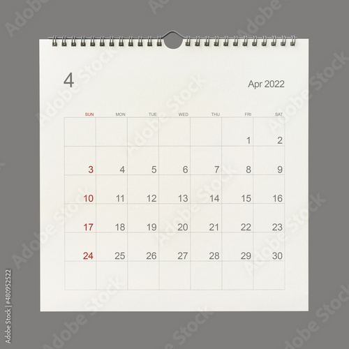 April 2022 calendar page on white background. Calendar background for reminder, business planning, appointment meeting and event.