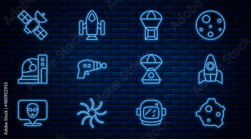 Set line Asteroid, Rocket ship, Box flying on parachute, Ray gun, Astronaut helmet, Satellite, Space capsule and icon. Vector