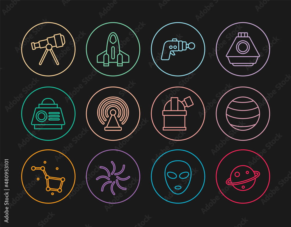 Set line Planet Saturn, Ray gun, Radar, Space capsule, Telescope, Astronomical observatory and Rocket ship icon. Vector Set line Planet Saturn, Ray gun, Radar, Space capsule, Telescope, Astronomical observatory and Rocket ship icon. Vector