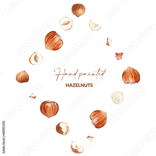 Frame of watercolor hazelnuts crop