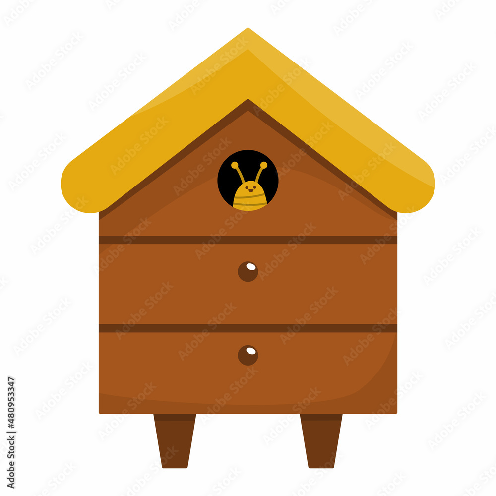 Vector beehive icon. Bee house with smiling insect isolated on white background. Beekeeping concept illustration. Home made farm or shop theme. Honey production element.. Vector beehive icon. Bee house with smiling insect isolated on white background. Beekeeping concept illustration. Home made farm or shop theme. Honey production element..