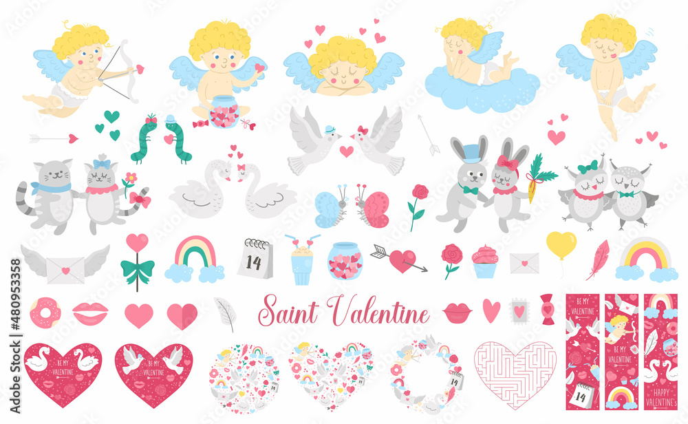 Big Saint Valentine day vector set. Cute characters, cards, designs collection. Cupid, doves, hearts, swans, animal pairs pack. Playful February holiday illustration with love concept.