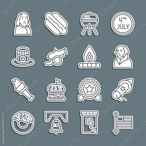 Set line American flag, Firework, George Washington, Barbecue grill, Cannon, Patriotic top hat, Benjamin Franklin and Campfire icon. Vector