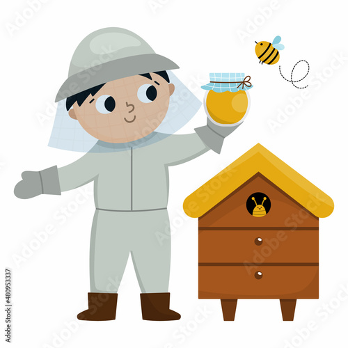 Vector beekeeper with honey jar, bee, beehive. Cute kid doing agricultural work icon. Rural country farmer character. Child in protective uniform. Funny farm illustration with cartoon boy .