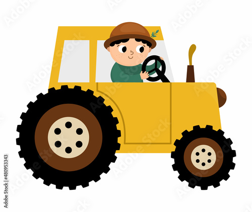 Vector farmer driving tractor icon. Farm transportation with driver isolated on white background. Funny rural illustration for kids with cute boy. .