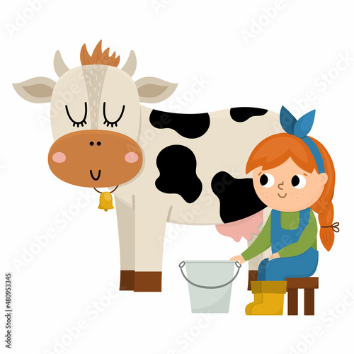 Vector milkmaid icon. Farmer girl milking cow. Cute kid doing agricultural work. Rural country scene. Child with cute animal. Funny farm illustration with cartoon characters.