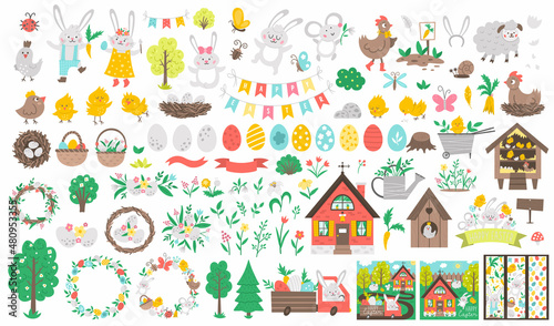 Big Easter vector set. Collection with cute bunny, colored eggs, bird, chicks, baskets, cards, bookmarks, trees. Spring funny illustration. Holiday icons pack with farm animals, house, garden plants.
