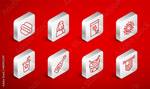 Set line American flag, Benjamin Franklin, Calendar with date July 4, Firework, Drum and drum sticks, Hotdog sandwich, Champagne bottle and Paper glass straw icon. Vector