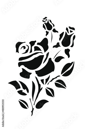 Silhouette roses and leaves. Flowers tattoo vector illustration. Laser cutting template of openwork vector silhouette. A card carved in vintage style for Valentine's Day.