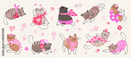Cute cat with little heart for valentine's day. Vector illustration.