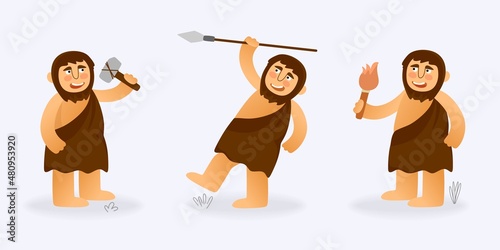 Primitive man set in different poses in the hand-drawn cartoon style. Vector illustration