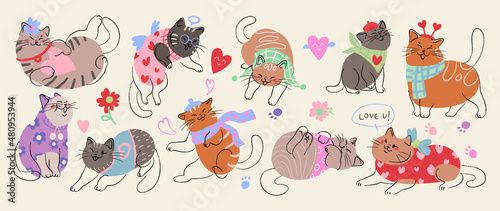 Cute cat with little heart for valentine's day. Vector illustration.