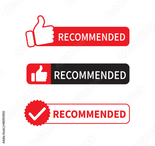 Set of Recommended button isolated on white background. Thumbs up. Assurance label badge. Vector illustration