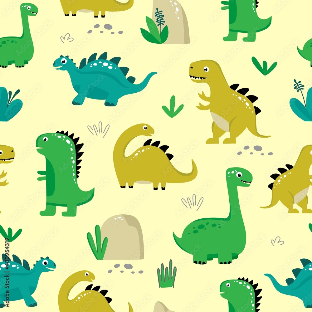 Fototapeta premium Seamless pattern with funny dinosaurs on a yellow background. Use for textiles, packaging paper, posters, backgrounds, decoration of children's parties. Vector illustration