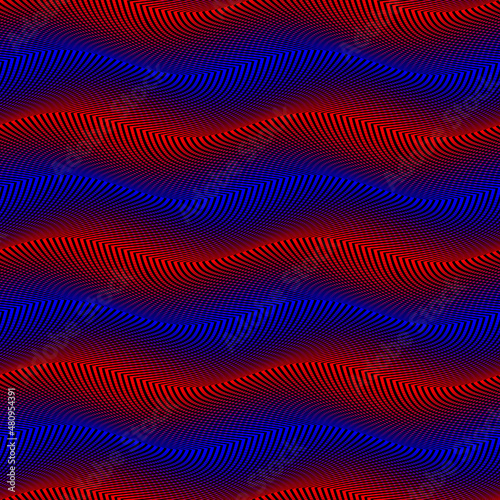 Vector moire seamless pattern of red and blue lines on black. Wavy colorful texture for wallpaper design.